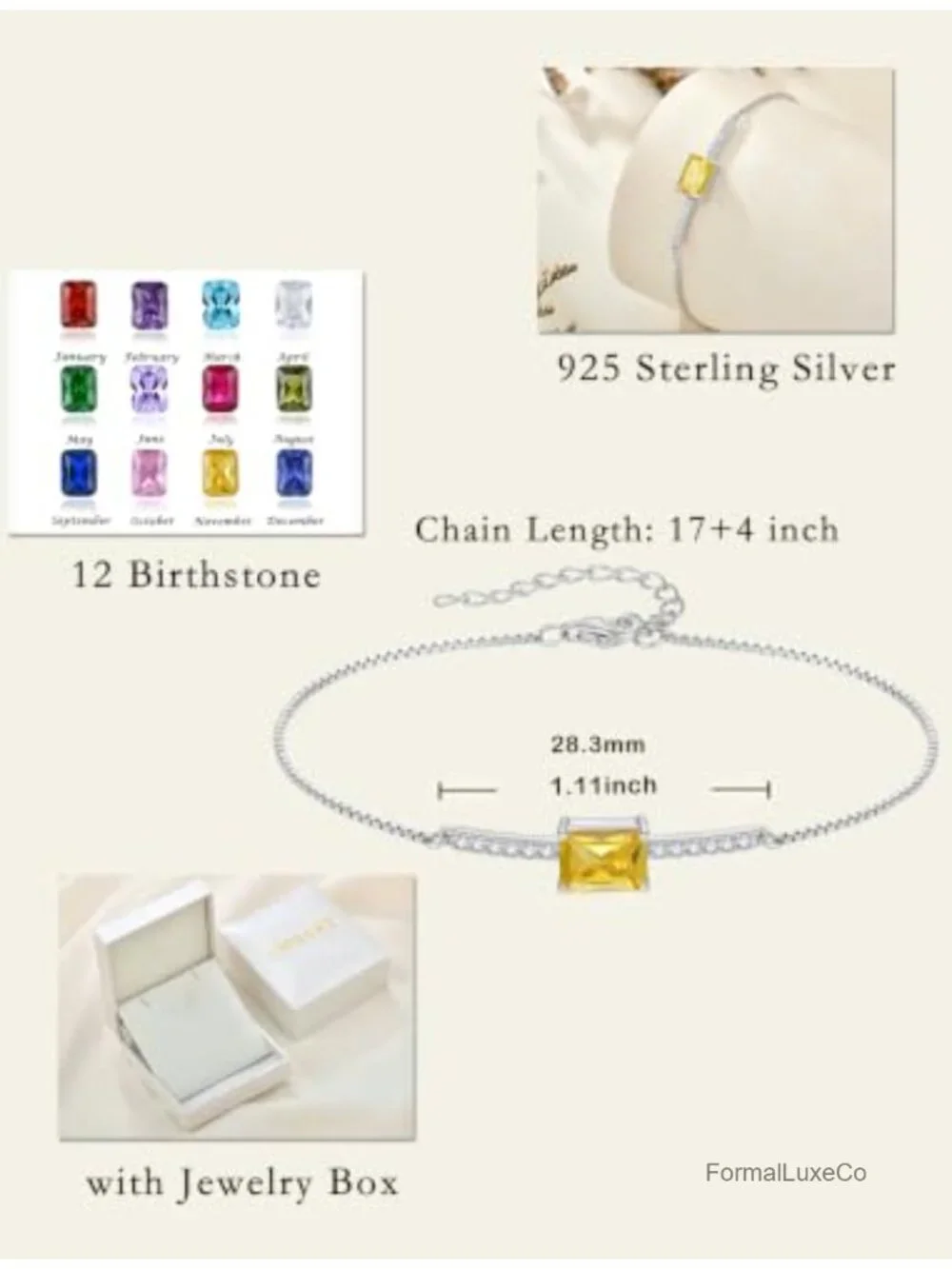 925 Sterling Silver Halo Rectangular Cut Birthstone Bracelet for Her